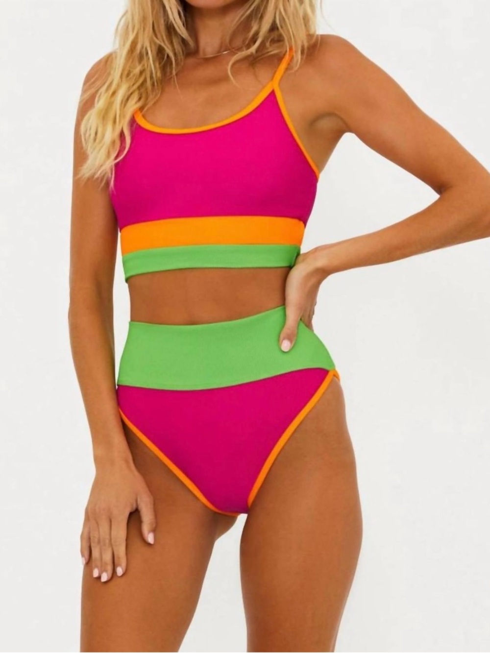 Beach Riot Fuchsia, Green & Orange Colorblock High-Waist Bikini top and bottom.